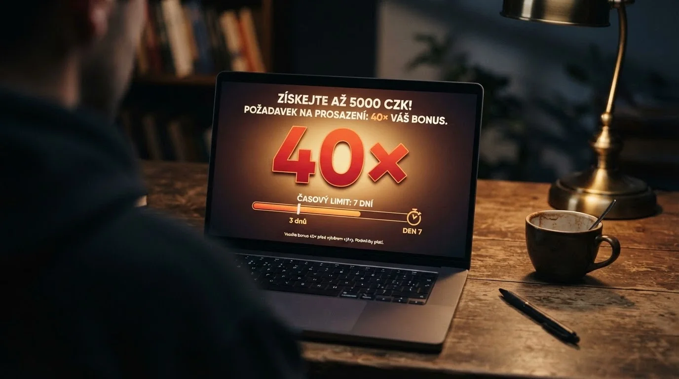 Detail bonusových podmínek na obrazovce — zvýrazněné číslo protočení 40× a datum vypršení platnosti