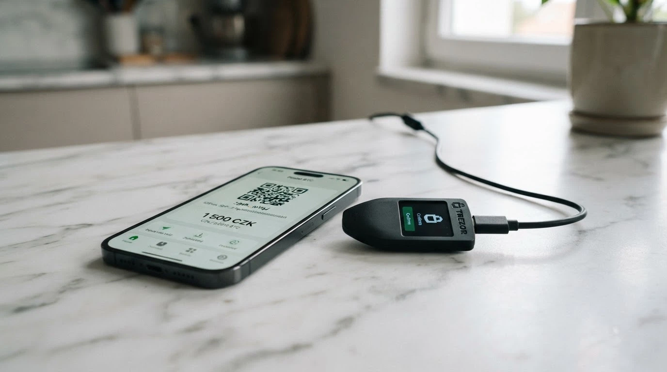 Mobilní telefon zobrazující bitcoin peněženku vedle přihlašovací stránky online casina