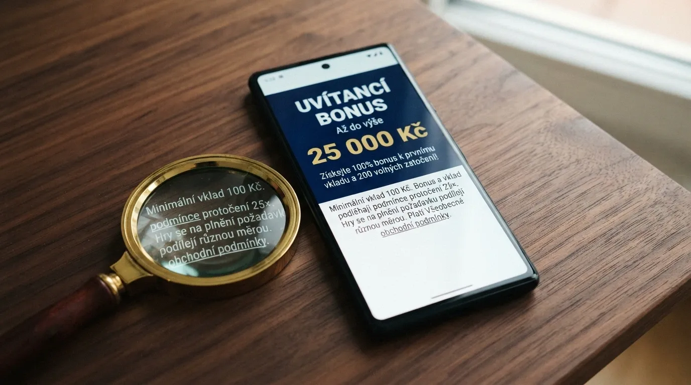 propagační banner s nabídkou uvítacího bonusu, vedle něj lupa zvýrazňující podmínky protočení