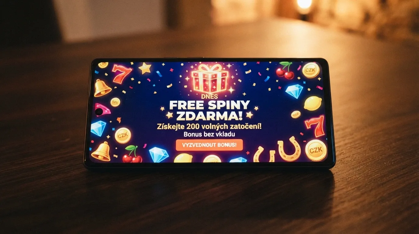 Propagační nabídka bonusu bez vkladu — nápis „free spiny zdarma“ vedle symbolů hracího automatu