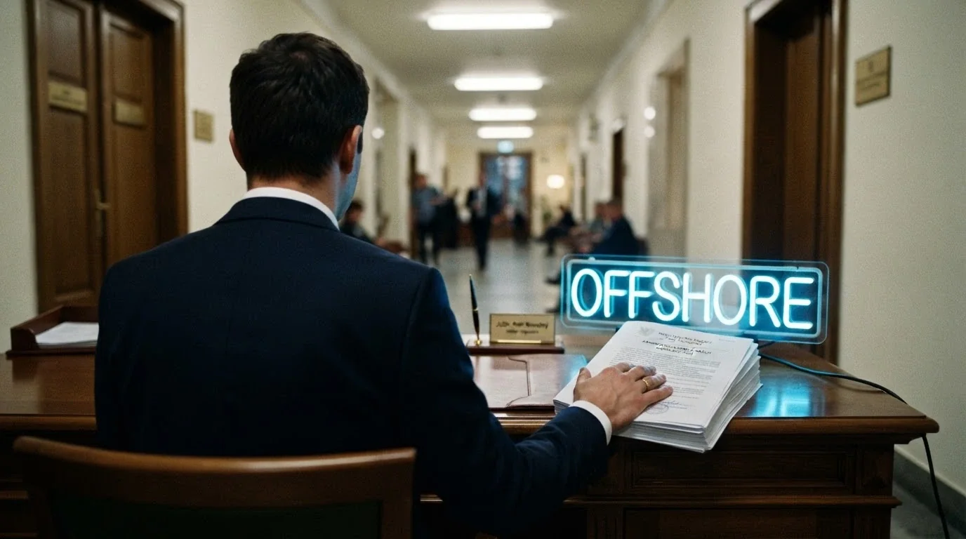 Úřední dokument s razítkem MF ČR vedle neonového loga „offshore casino