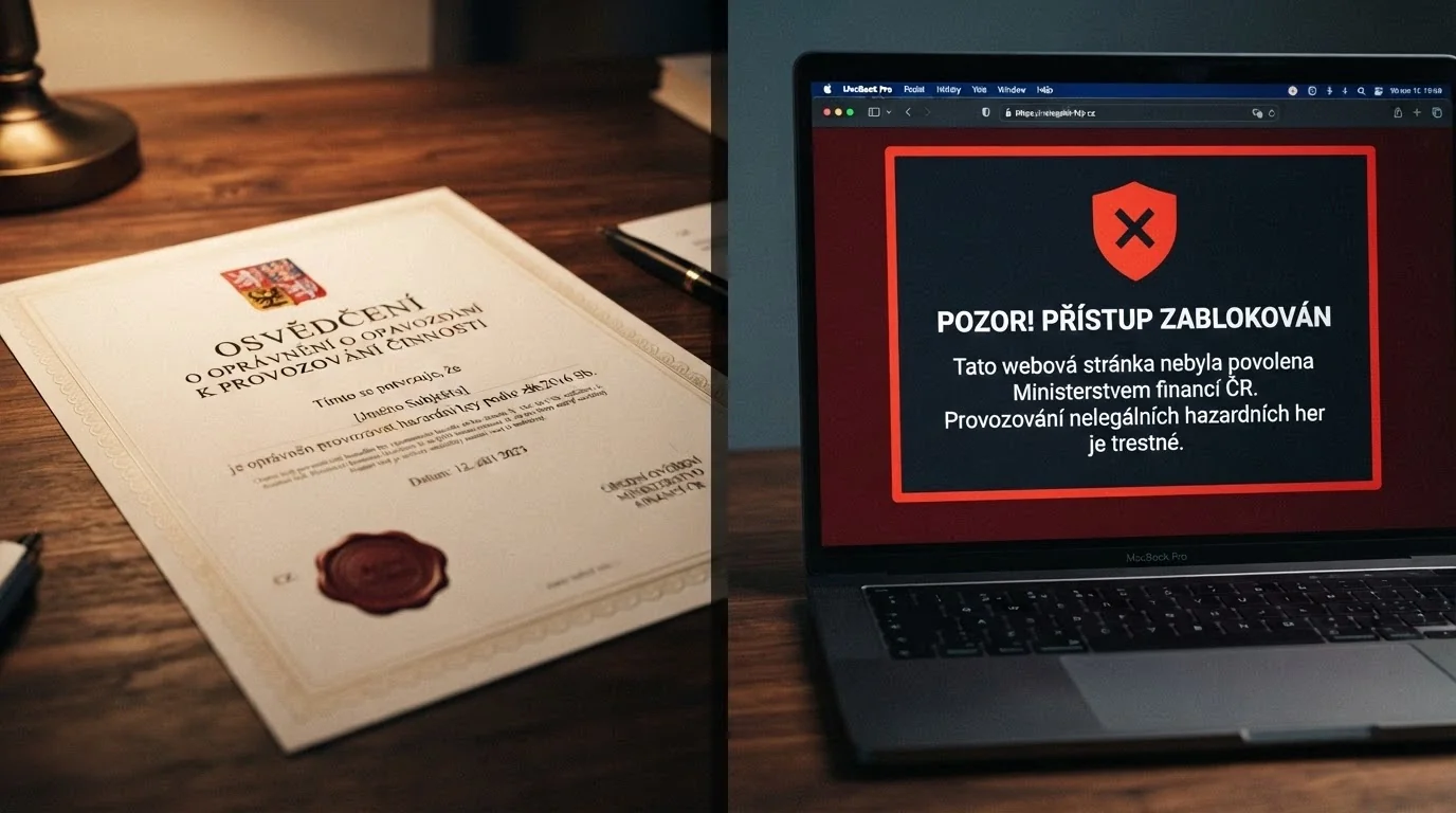 Dokument s razítkem Ministerstva financí ČR vedle obrazovky s varováním před blokací nelicencovaného kasina.