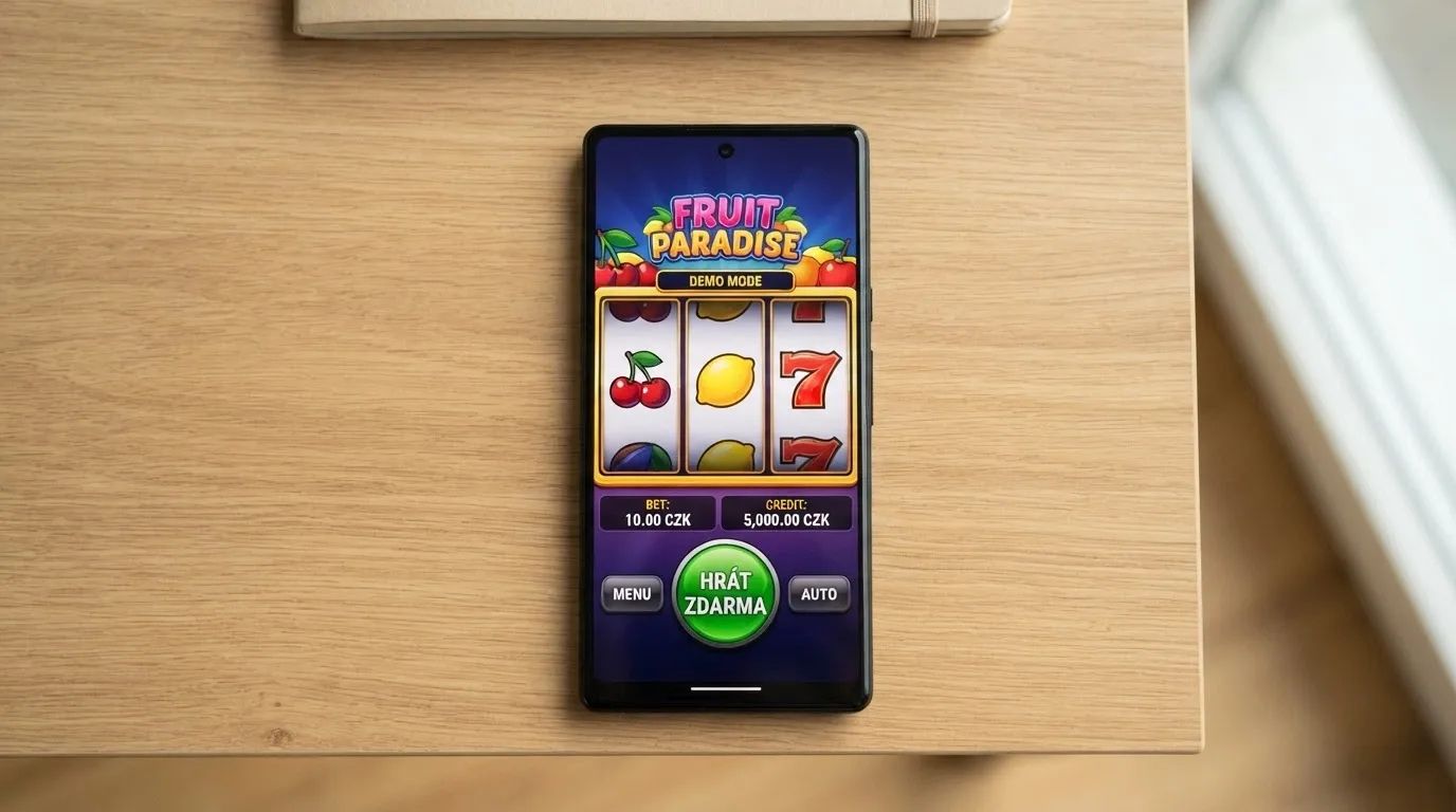 Ukázka rozhraní demo režimu automatu s viditelným zůstatkem virtuálních mincí a tlačítkem „hrát zdarma“