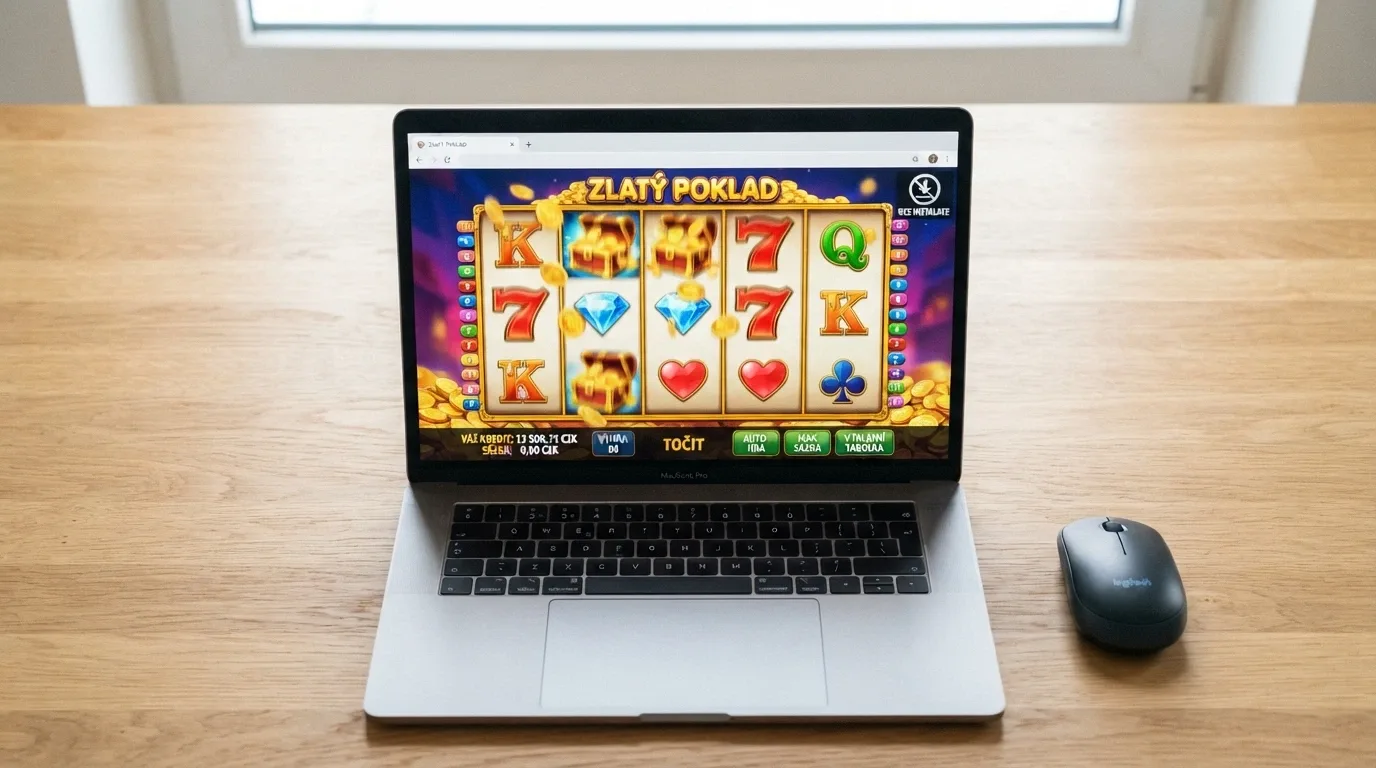 Rozhraní online casina v prohlížeči s otevřeným automatem, vedle něj ikona stažení přeškrtnutá