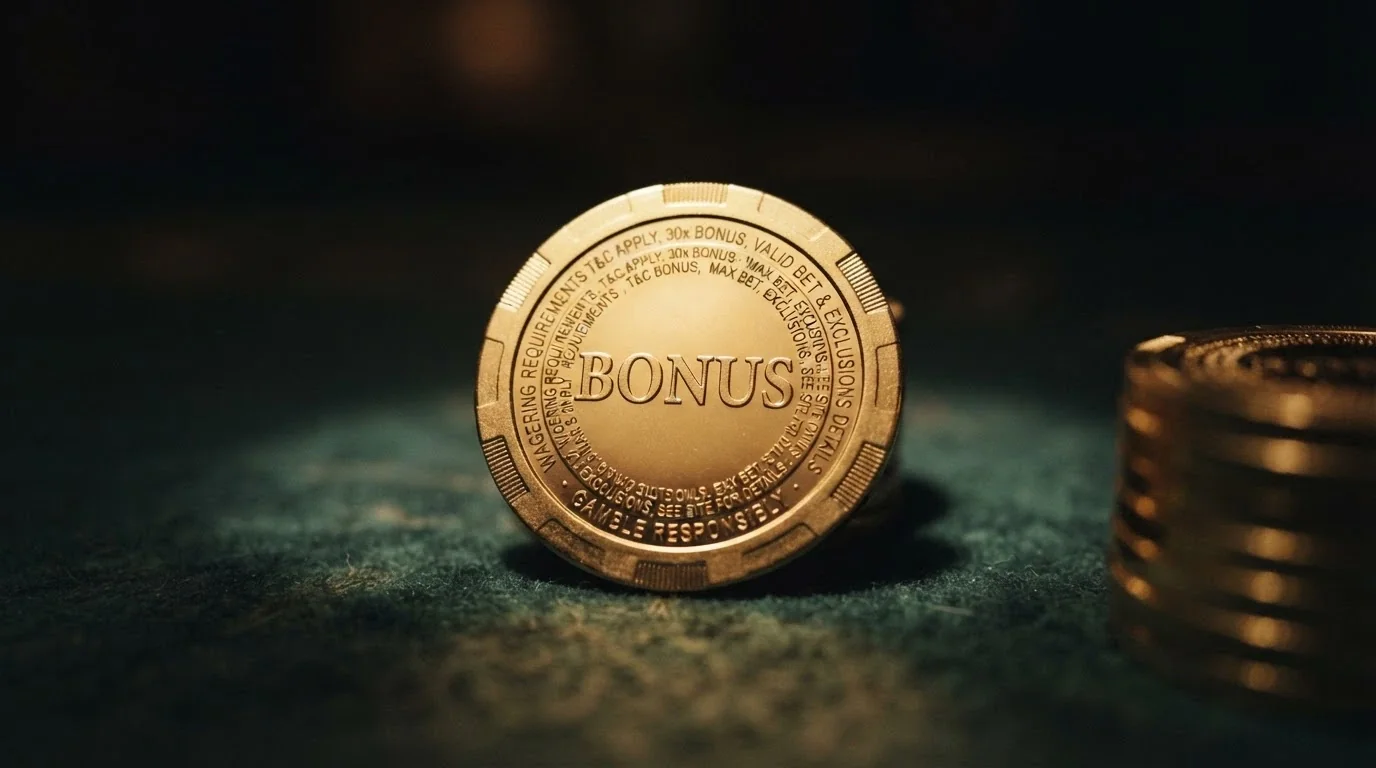 Zlatý bonusový žeton s nápisem „wagering“ a malým písmem podmínek pod ním