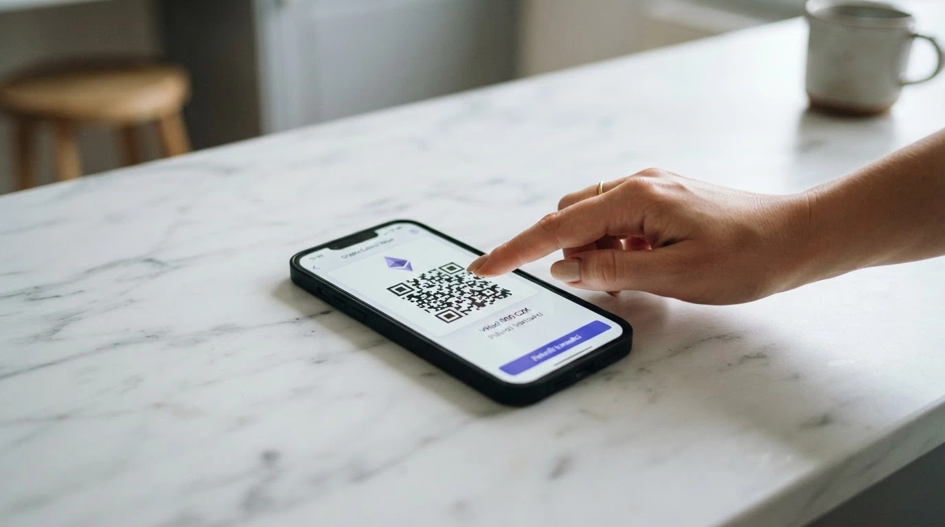 Mobilní telefon s otevřenou ETH peněženkou a QR kódem pro vklad do online kasina