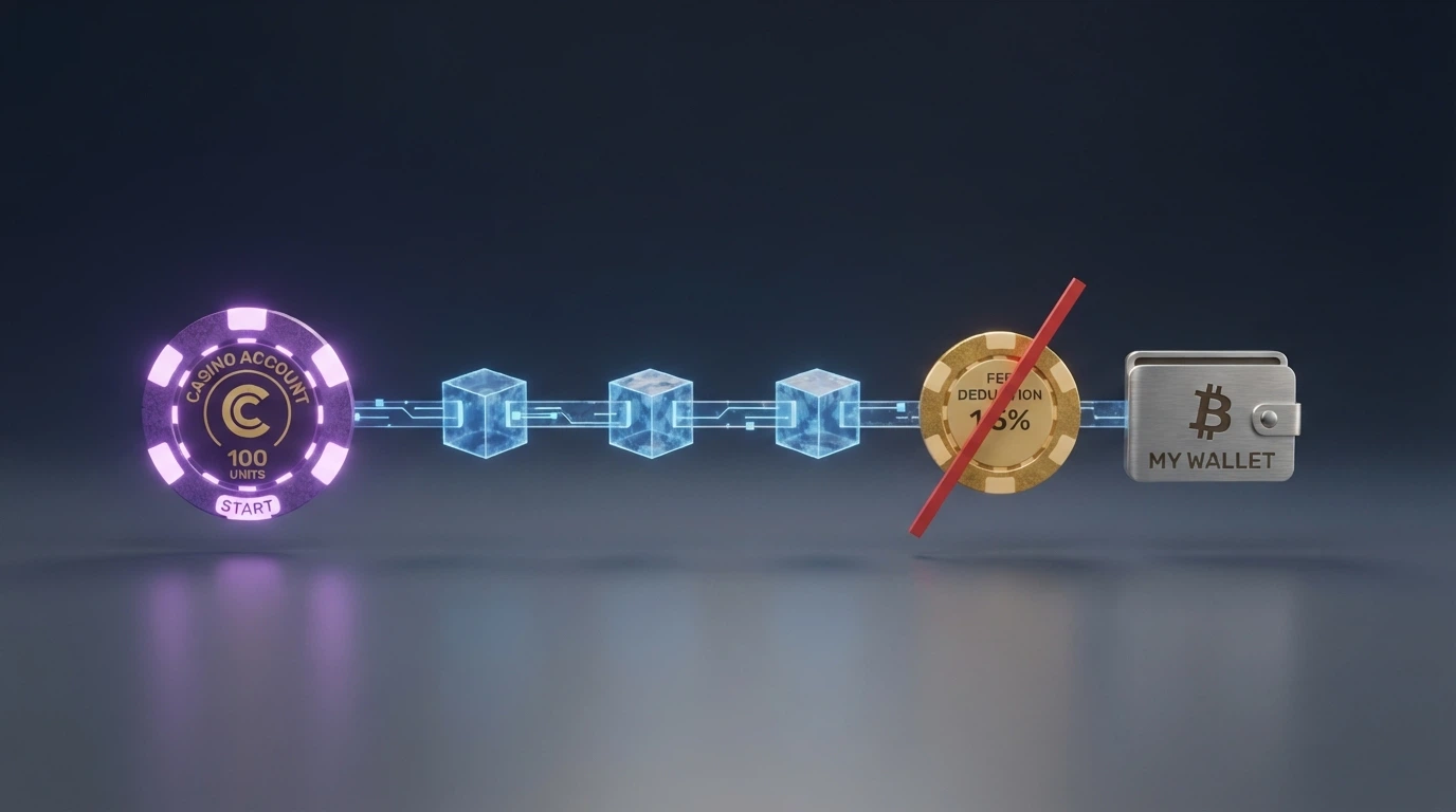 Grafické znázornění cesty etherea z kasino účtu na privátní peněženku s vyznačenými gas fees