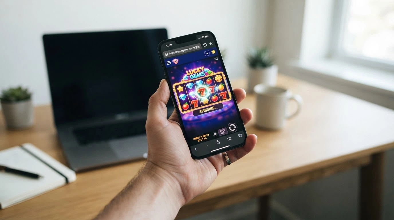 Displej telefonu s otevřenou casino hrou v mobilním prohlížeči, vedle ikony App Store a Google Play přeškrtnuté — důraz na hru bez instalace