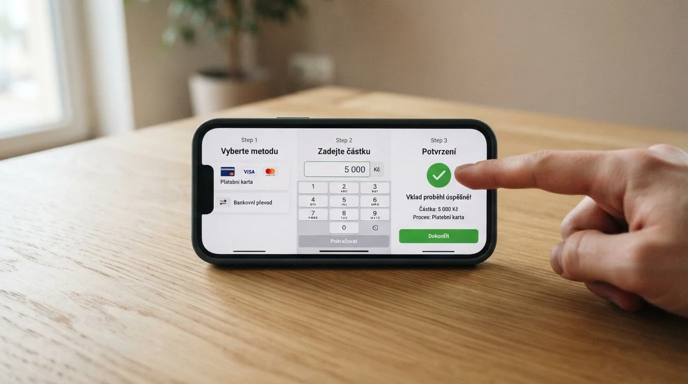 Chytrý telefon ukazující krok za krokem proces vkladu přes mobil — výběr metody, potvrzení částky, připsání na účet