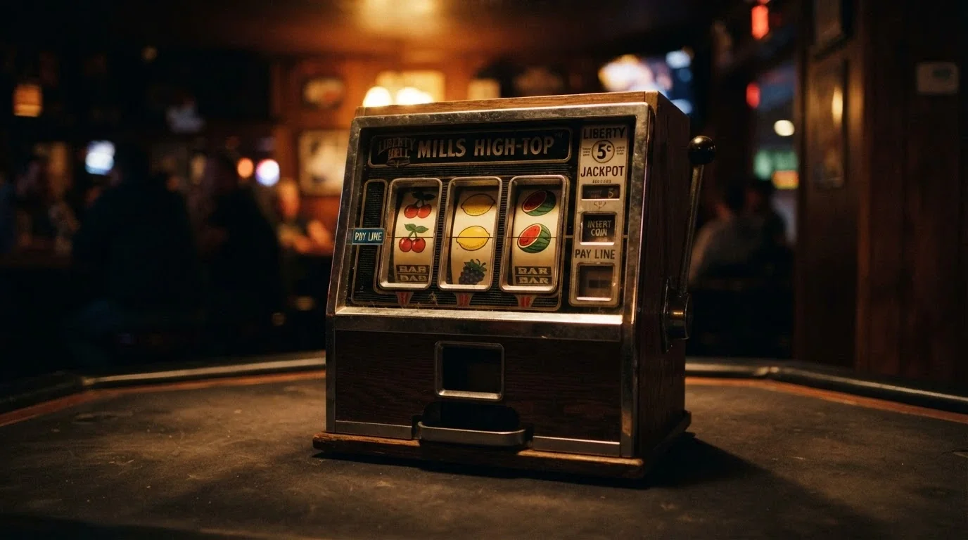 Klasický ovocný automat se symboly třešní, citronů, melounů a hroznů na třech válcích