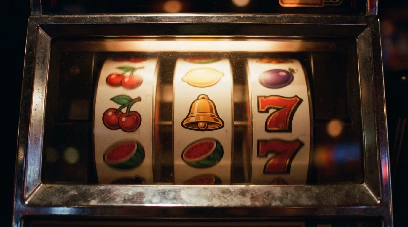 Detailní pohled na tři válce klasického automatu s ovocnými symboly — třešně, citron, švestka, meloun