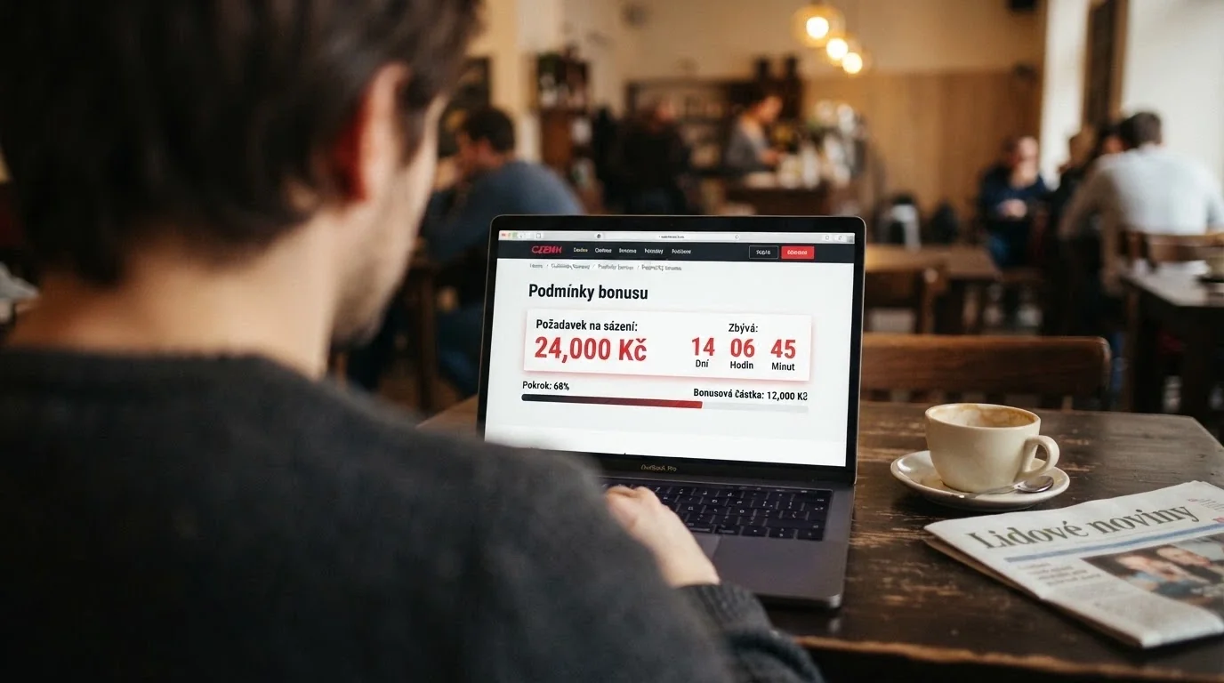 Detail bonusových podmínek na obrazovce notebooku se zvýrazněnou částkou wageringu a lhůtou