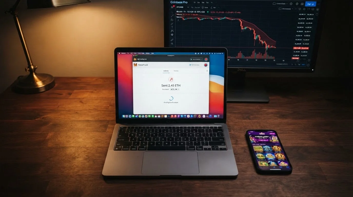 Obrazovka krypto peněženky s odchozí transakcí do casina, graf kurzu BTC/CZK s výrazným propadem, vedle kasino lobby