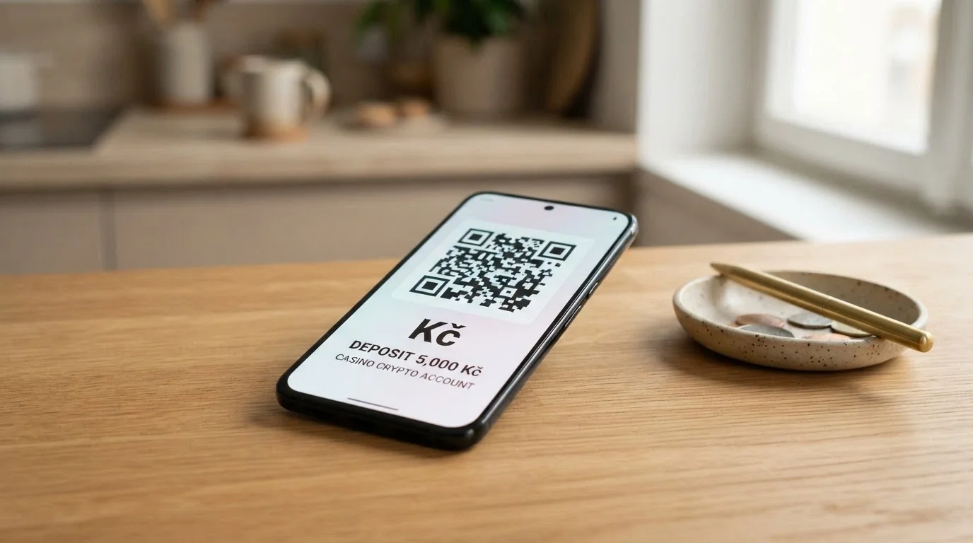Mobilní telefon zobrazující QR kód bitcoinové platby s kasinovým rozhraním na pozadí