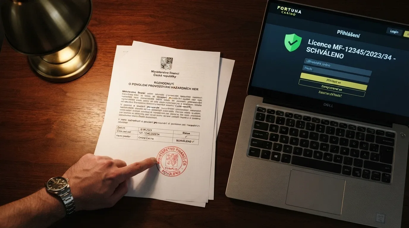 Úřední dokument s razítkem Ministerstva financí ČR a logem Celní správy vedle displeje s online kasinem