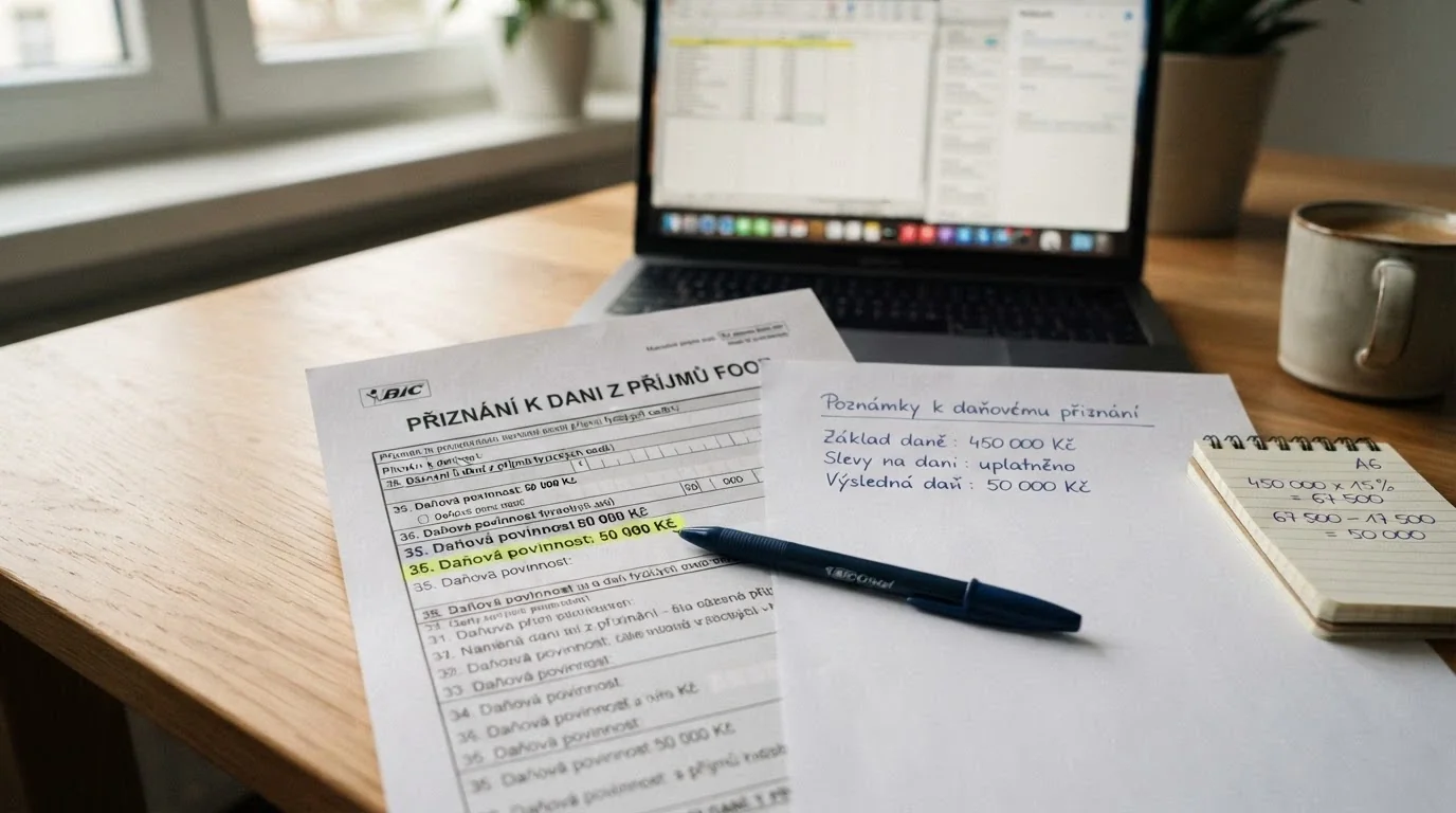 Úřední dokument s razítkem MF ČR a daňovým přiznáním v pozadí