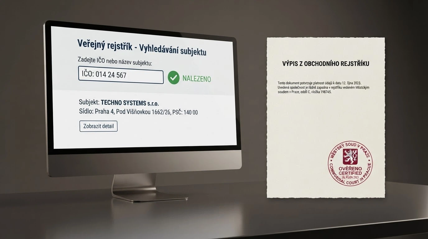Úřední dokument s logem Ministerstva financí ČR a razítkem, vedle něj monitor s otevřeným registrem licencí
