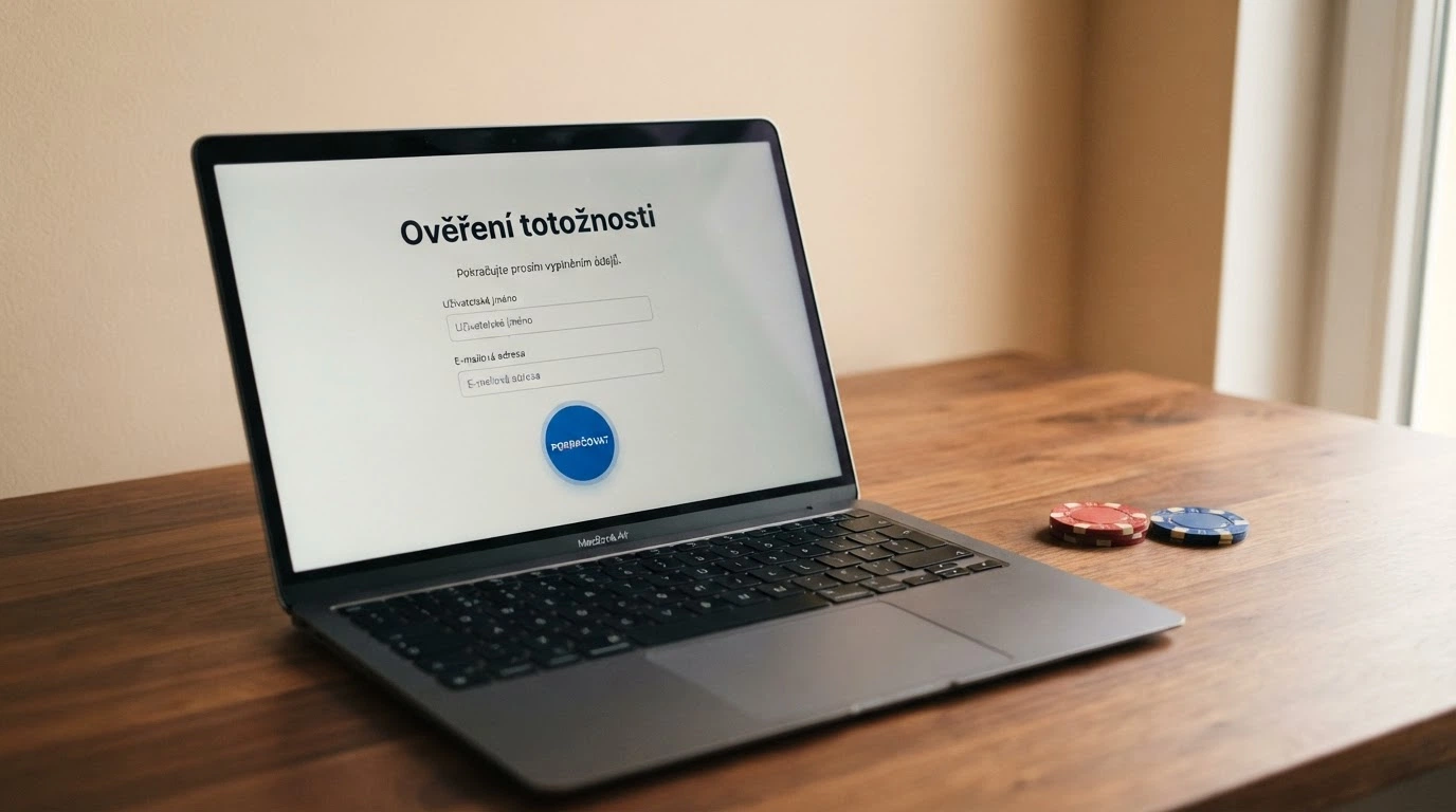 Úřední dokument s logem Ministerstva financí ČR a razítkem, vedle něj obrazovka s registračním formulářem online casina