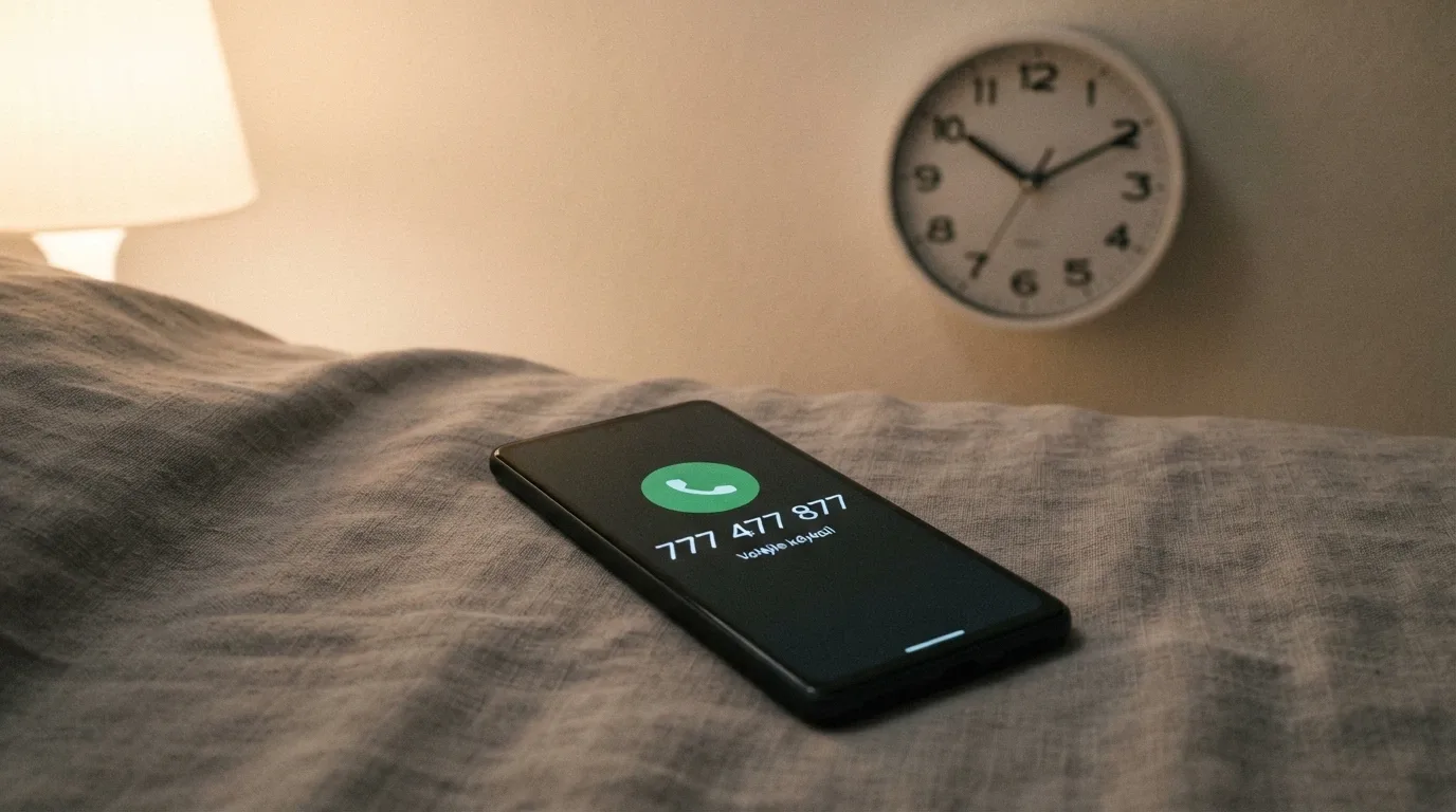Telefon s vytočeným číslem linky pomoci, v pozadí hodiny ukazující NONSTOP provoz