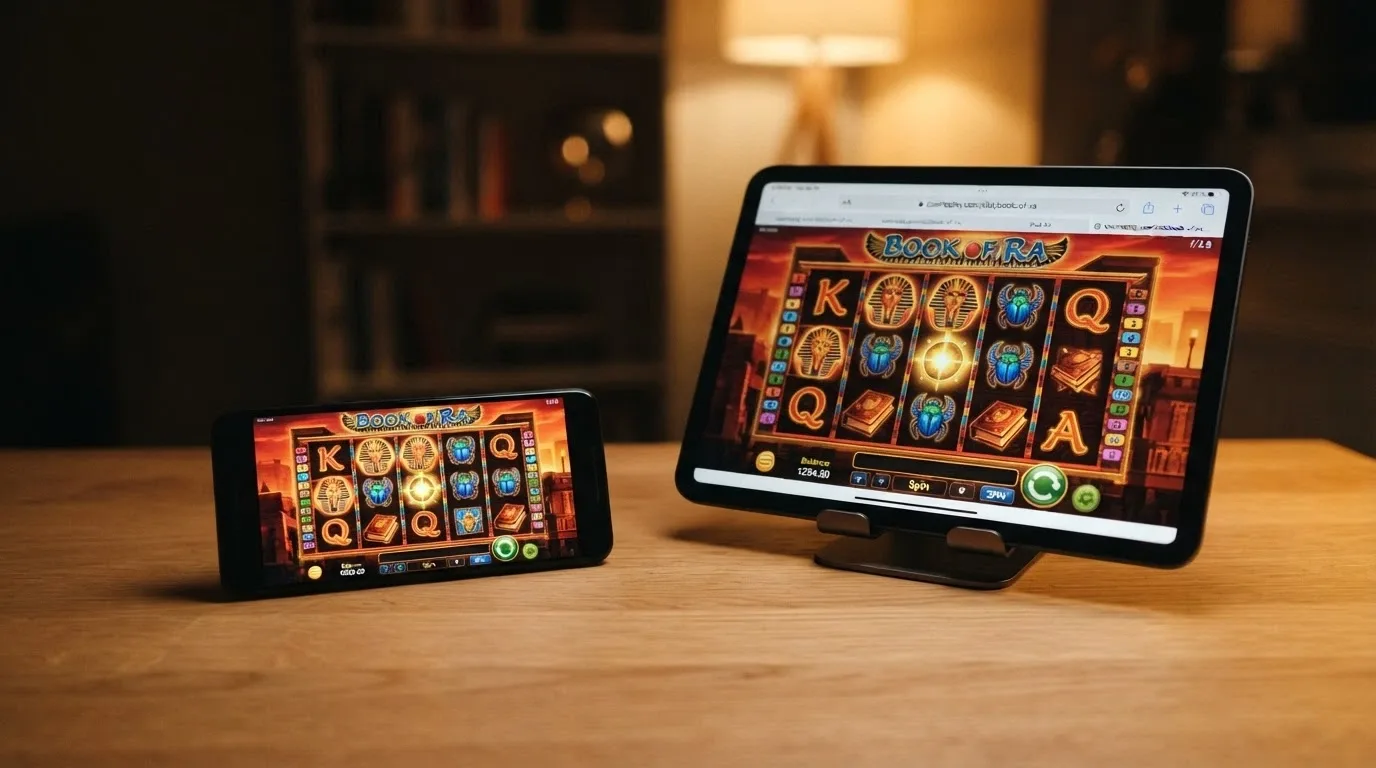 Mobilní telefon s otevřenou casino aplikací vedle tabletu s casino webem v prohlížeči, obě zobrazují stejný automat