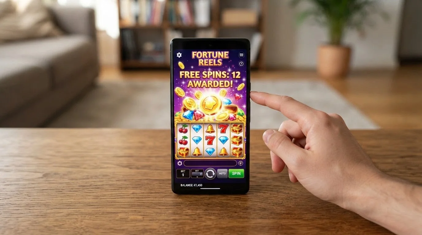 Ruka držící mobilní telefon s otevřenou českou casino aplikací, na displeji animace volných otoček