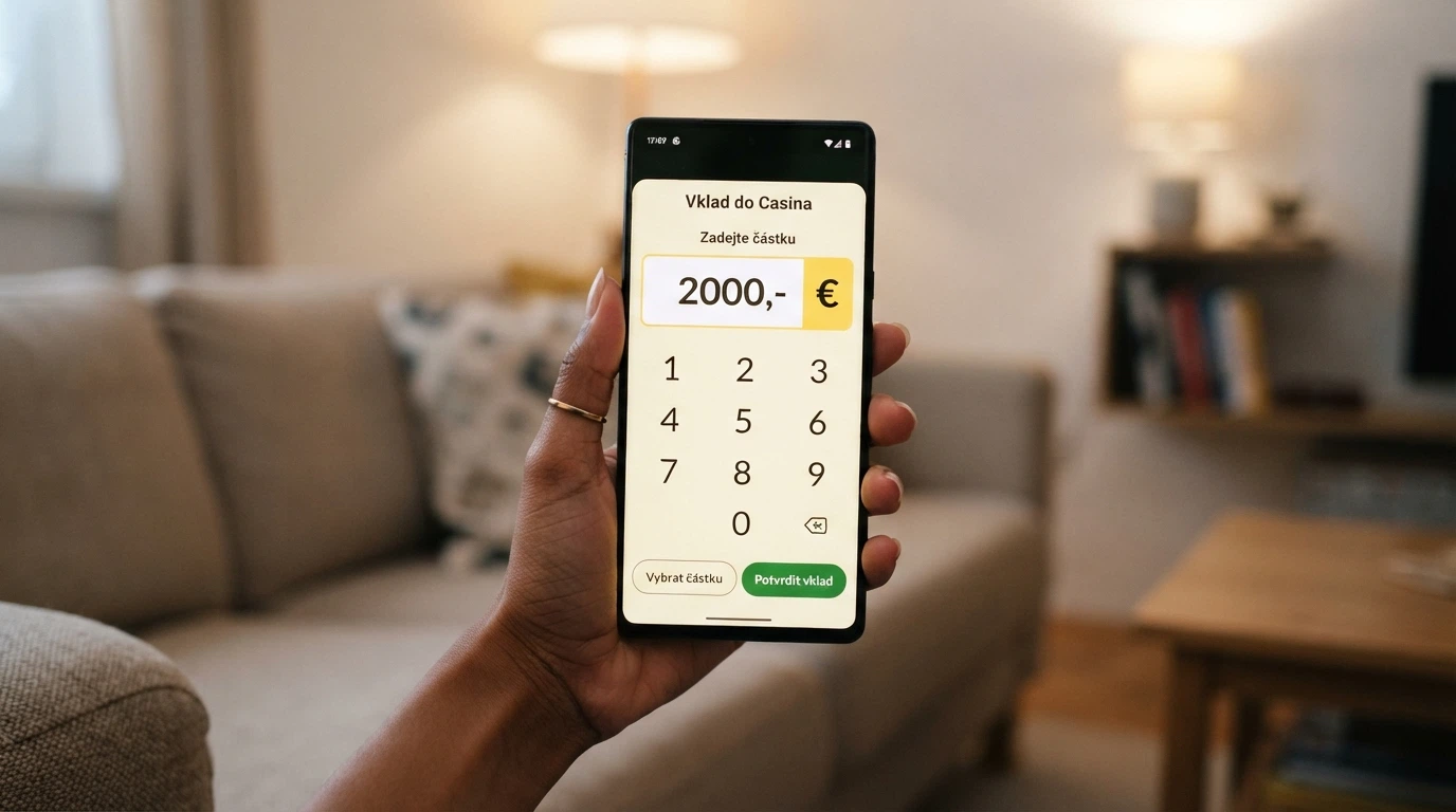 Mobilní telefon s otevřenou kasino aplikací a zobrazenou obrazovkou vkladu.