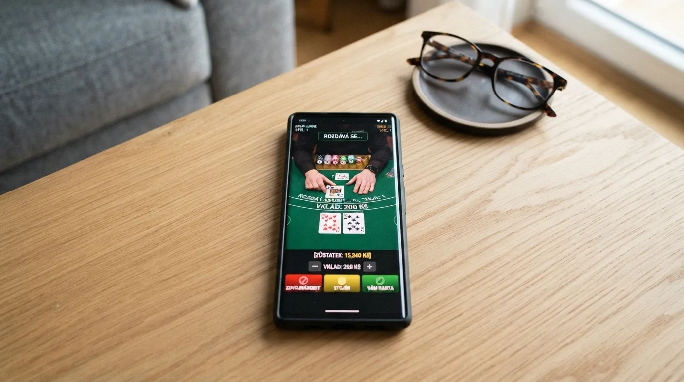 chytrý telefon s rozhraním live blackjacku na displeji, v pozadí blackjackový stůl