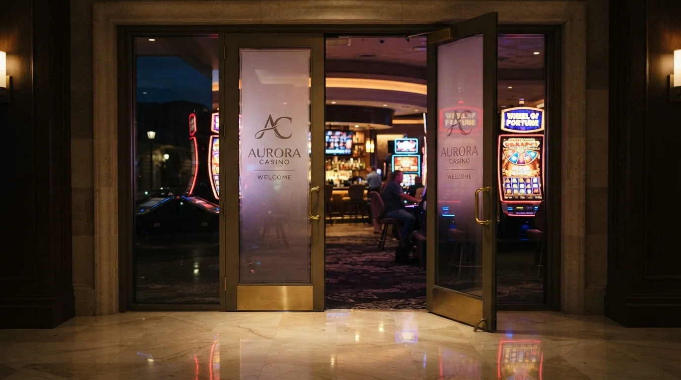 Dveře s nápisem „právě otevřeno“ ve stylu casino vstupu, za nimi zářící automaty