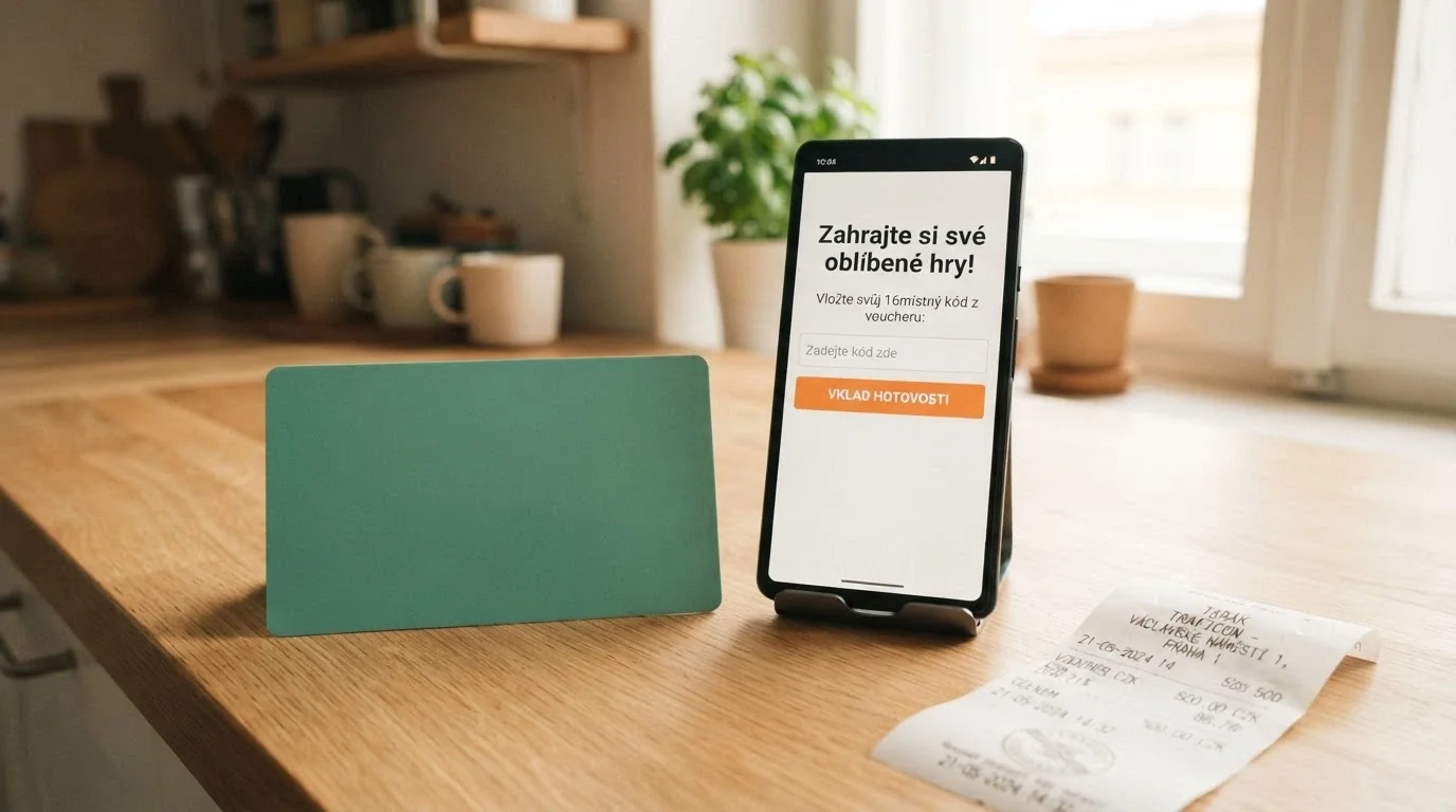 Paysafecard kupón v hodnotě 200 Kč vedle mobilního telefonu s otevřenou stránkou online casina