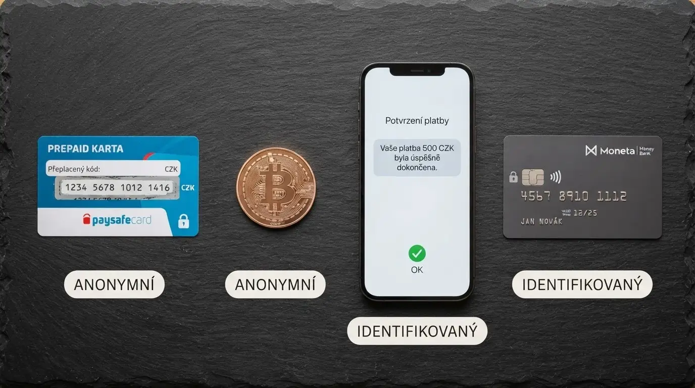 Koláž platebních metod — paysafecard PIN, bitcoin mince, mobil s SMS platbou, platební karta s ikonou zámku — každá s popiskem ano/ne pro KYC