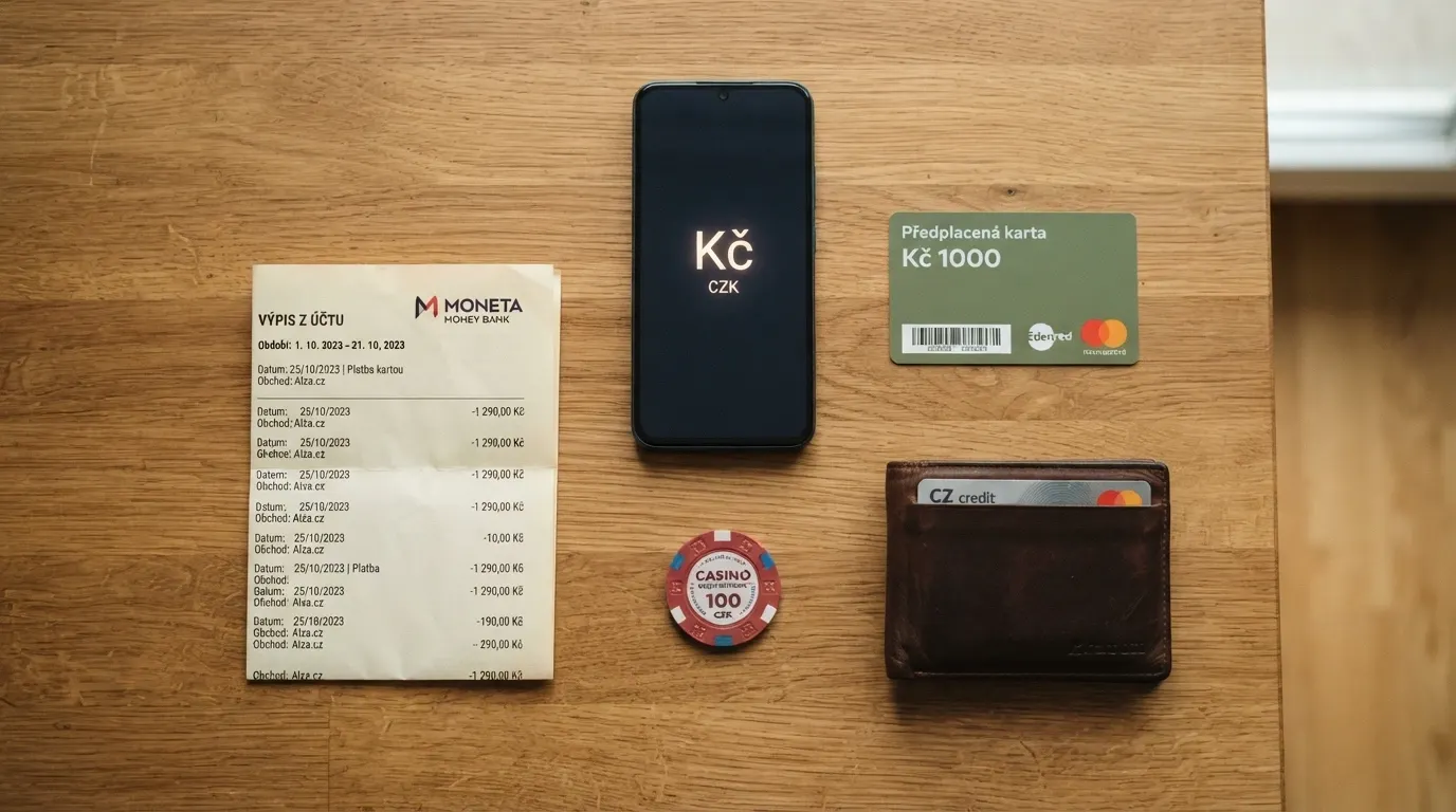 Rozložené platební prostředky na stole — karta, mobil s Aircash, Paysafecard voucher, bankovní převod