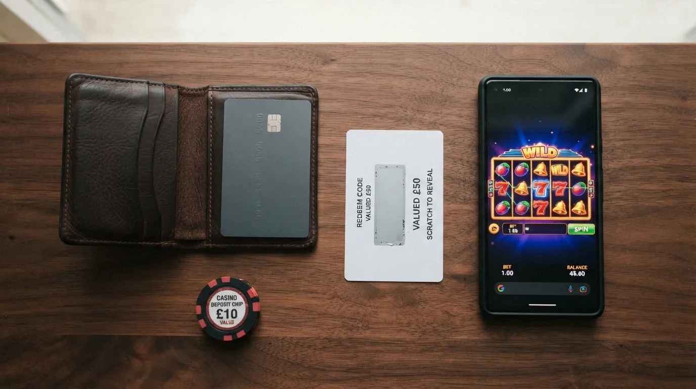Rozložená peněženka s kartami, mobilem a paysafecard kódem — vizuální srovnání cest, kterými 100 Kč dorazí na herní účet