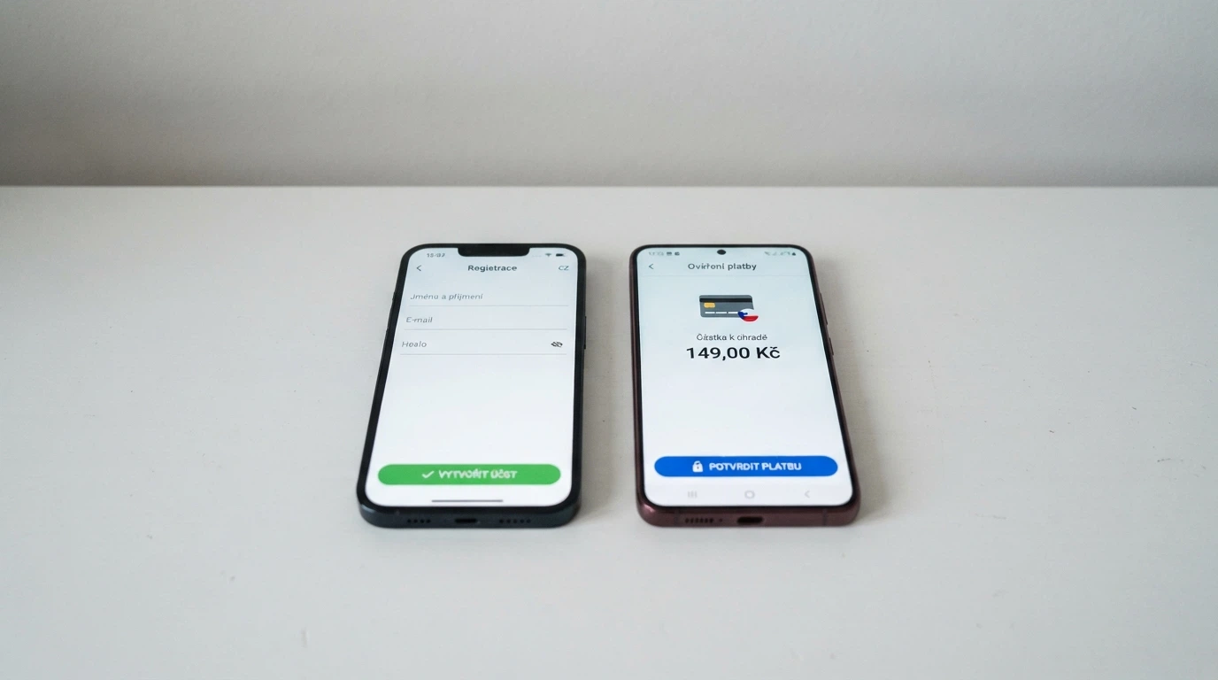 Rozdělená obrazovka: vlevo telefon s registračním formulářem, vpravo stejný telefon s výzvou k ověření platební metody