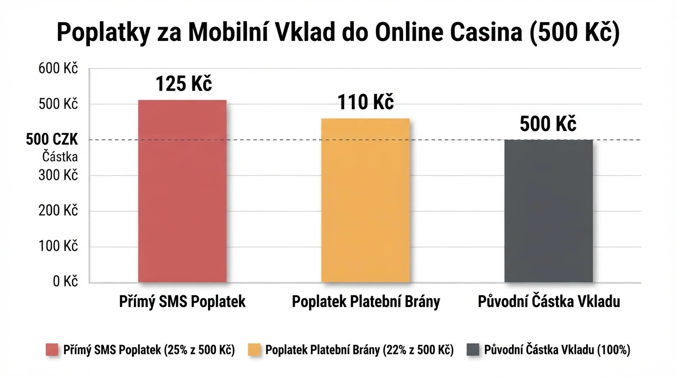 Infografika srovnávající tři poplatkové vrstvy — NeteraPay, operátor, přímá SMS — na vkladu 500 Kč