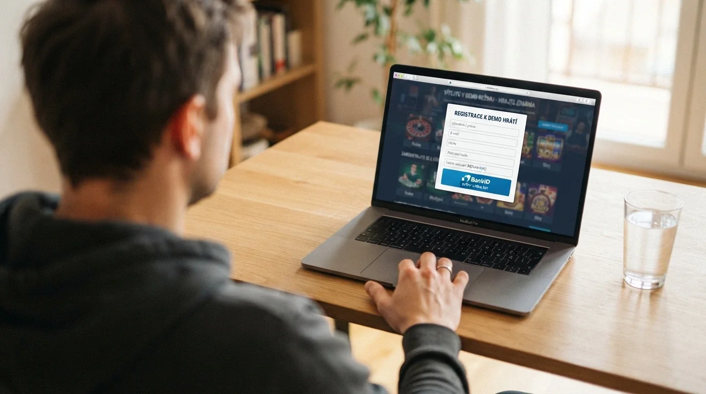 Dlaň nad touchpadem notebooku, na obrazovce přechod z demo režimu na registrační formulář s tlačítkem BankID