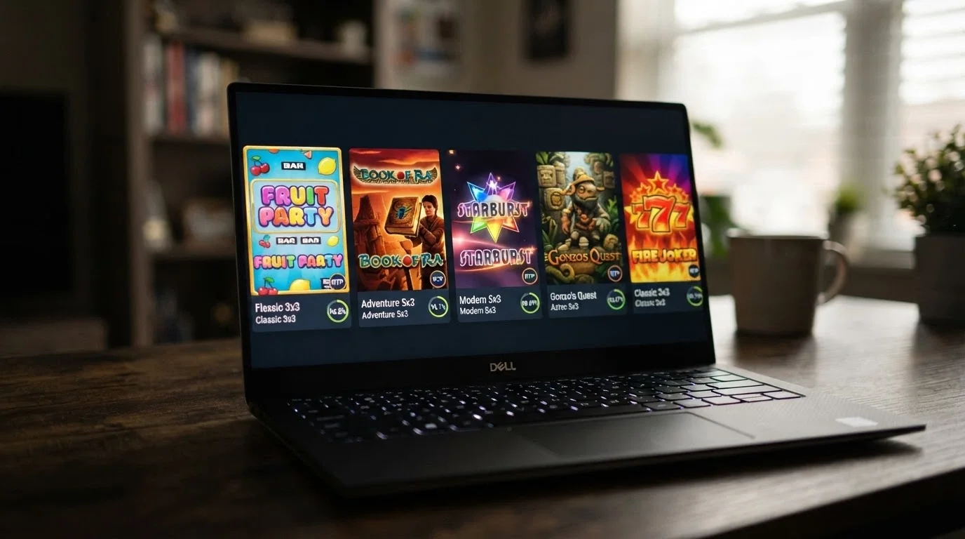 Koláž pěti populárních automatů s viditelnými RTP štítky — Book of Ra, Sweet Bonanza, Starburst, Blood Suckers, Money Train