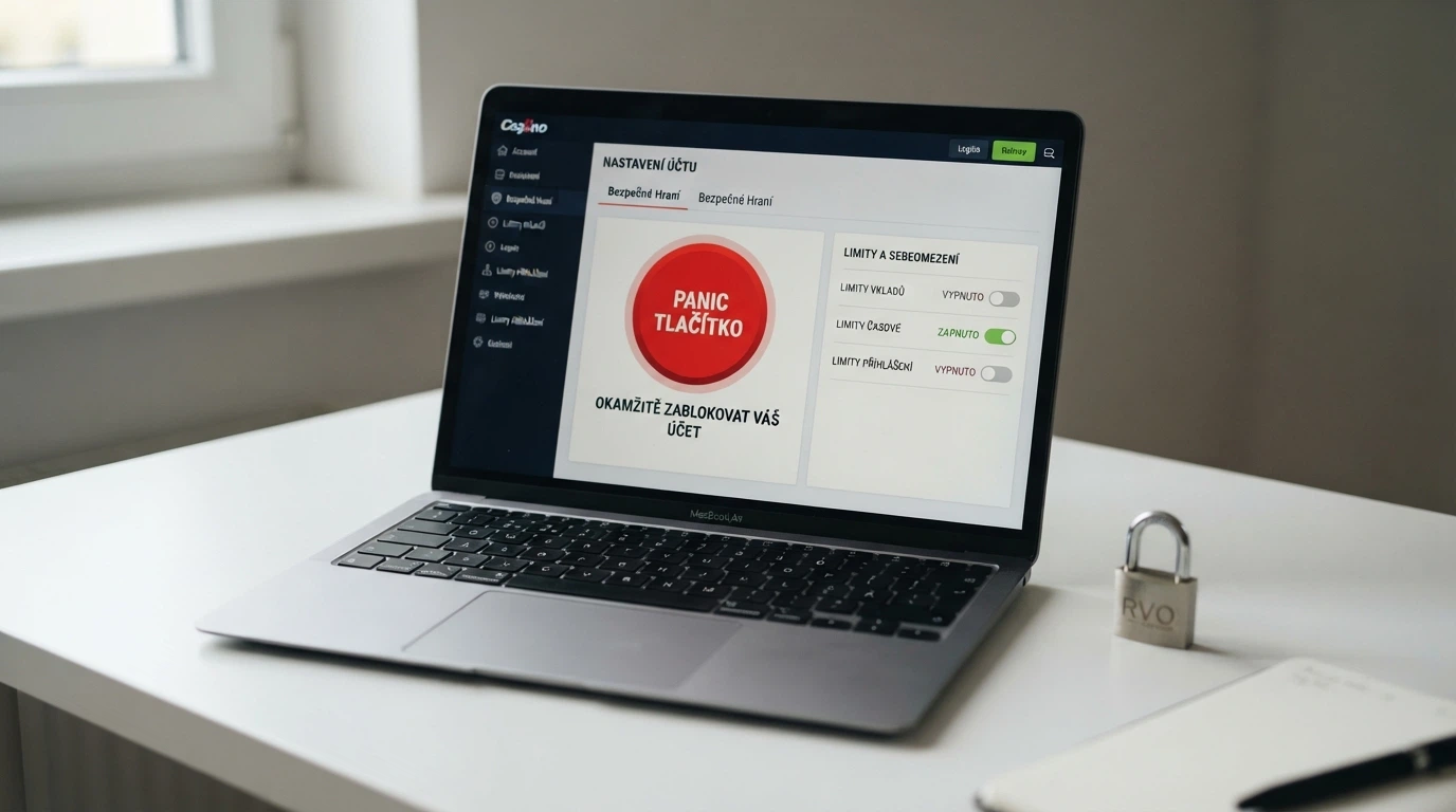 Obrazovka s uživatelským kontem casina, kde je zvýrazněné tlačítko panic button a sekce nastavení herních limitů, vedle ikona visacího zámku s nápisem RVO