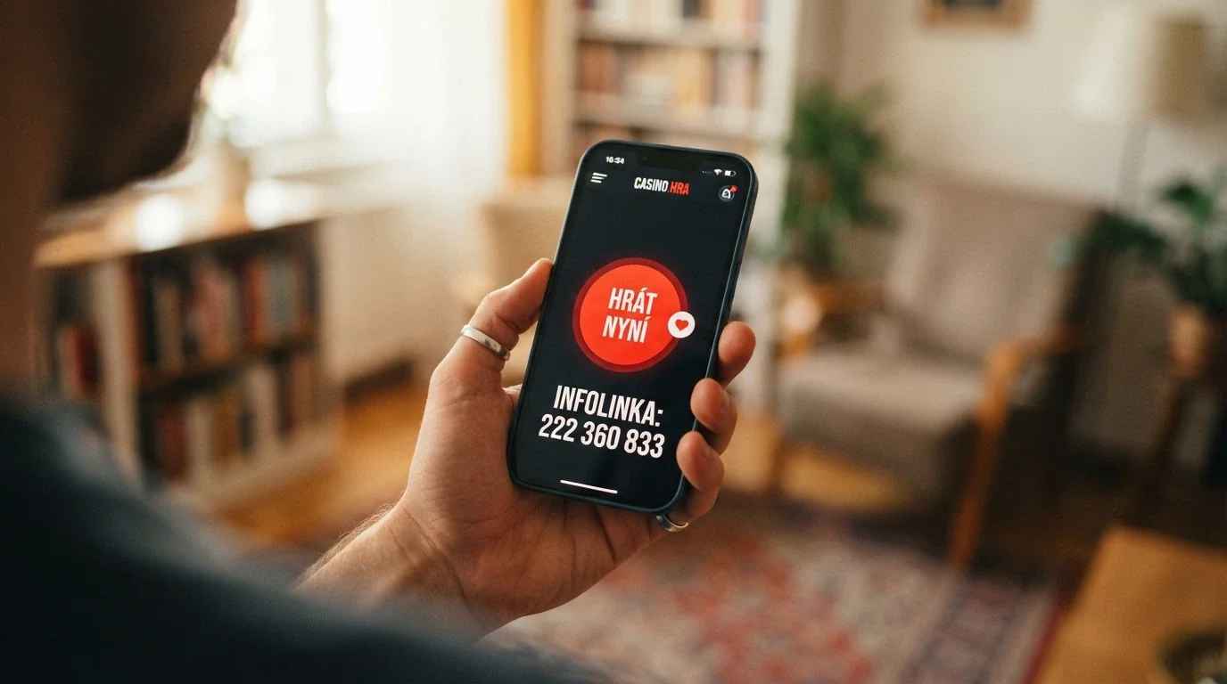 Telefon s otevřenou aplikací casina, na obrazovce tlačítko panic buttonu a pod ním kontakt na linku pomoci +420 777 477 877 — vedle ikona srdce