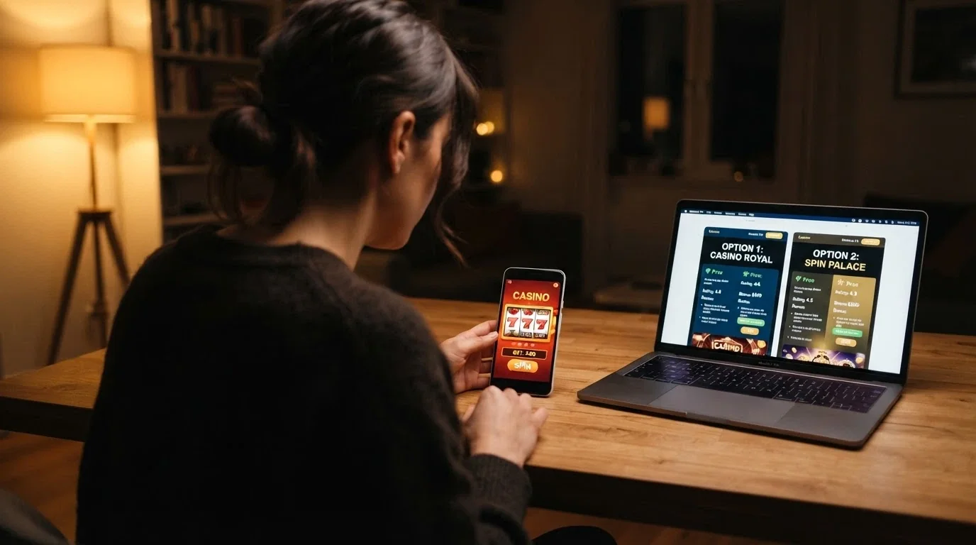 Hráč u počítače s mobilem v ruce — porovnává výplatní podmínky dvou kasin před registrací