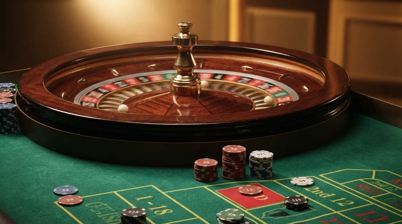 Detail rulety v živém casinu — roztočené kolo, krupiér a sázkové pole na obrazovce
