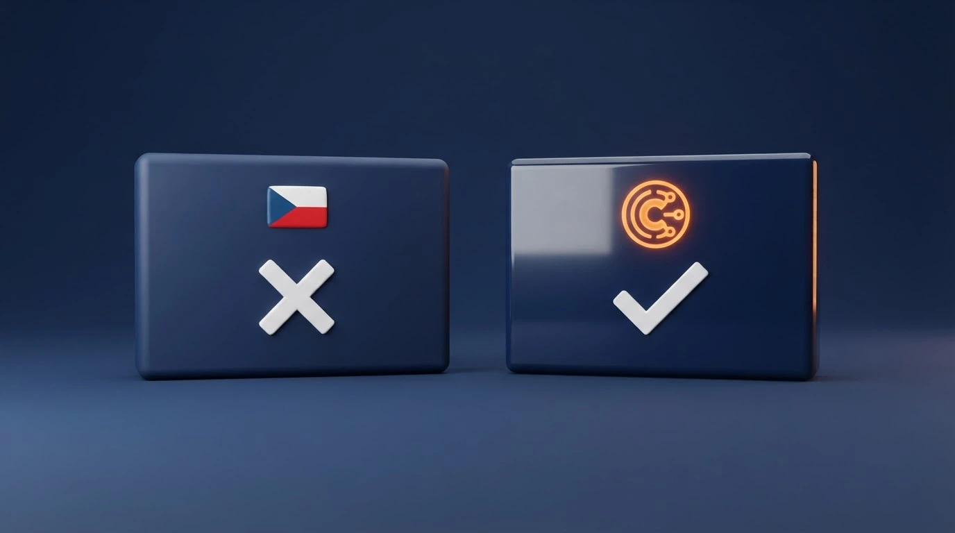 Rozdělená obrazovka: vlevo logo s českou vlajkou a nápisem „bez BTC