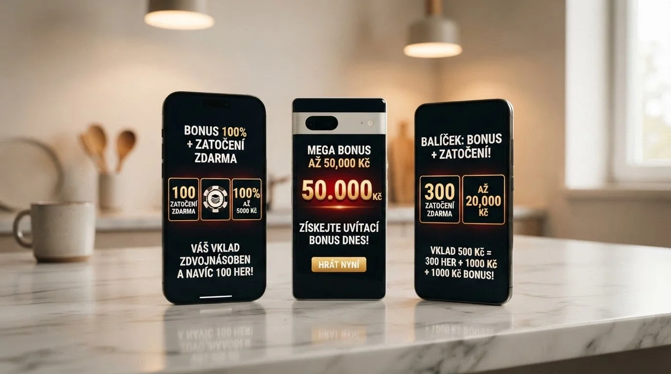 Srovnávací pohled na několik mobilních telefonů vedle sebe, každý zobrazuje nabídku jiného casina — na displejích viditelné odlišné bonusové částky a počet free spinů