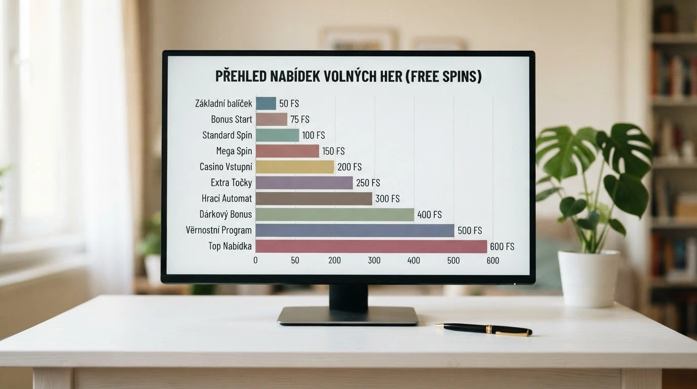 Srovnávací tabulka na monitoru s řádky deseti operátorů a zvýrazněnými počty free spinů