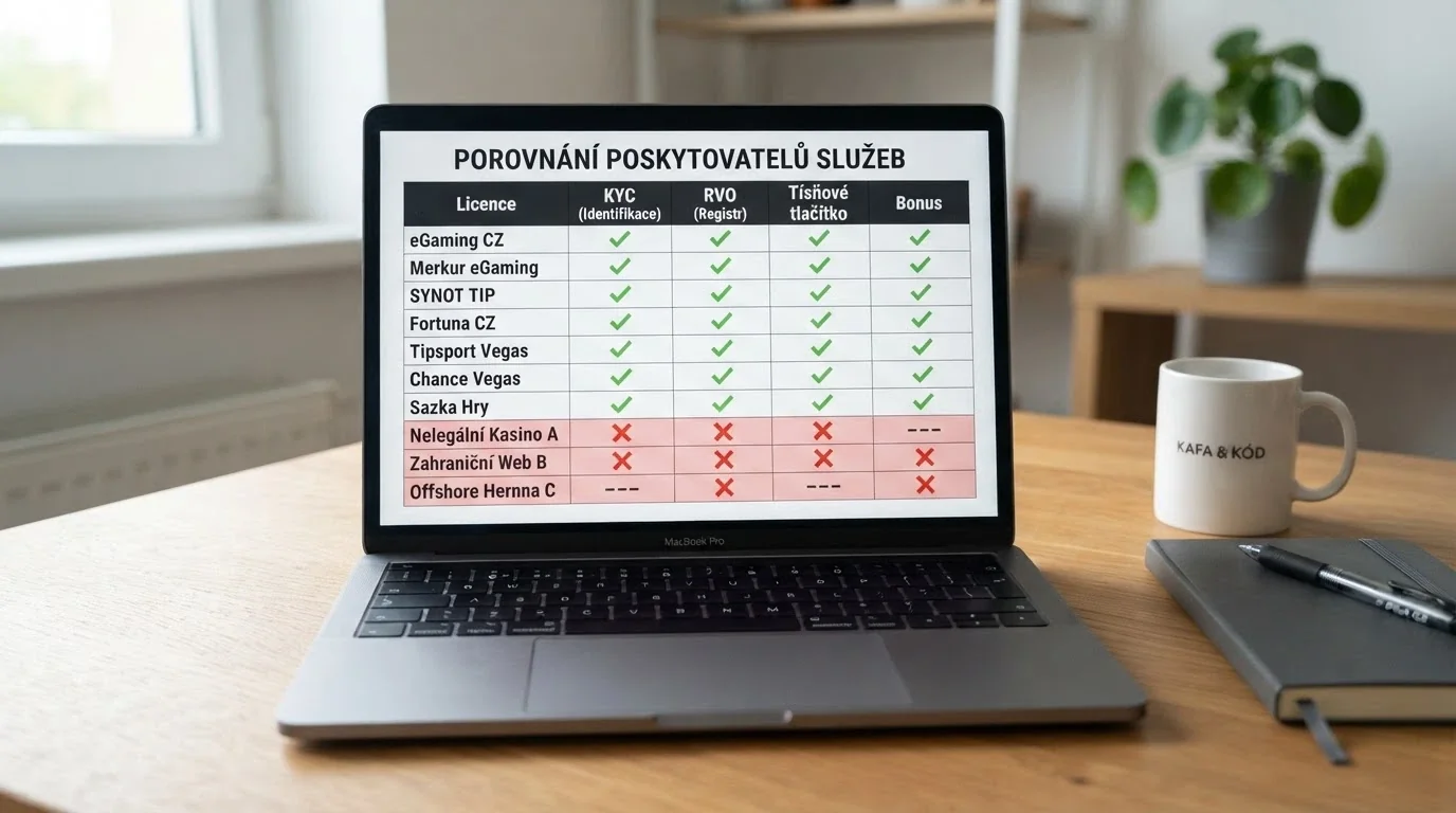 Přehledná srovnávací tabulka na monitoru — sloupce licence, KYC, RVO, panic button, vlevo loga licencovaných, vpravo offshore s varovnými pruhy