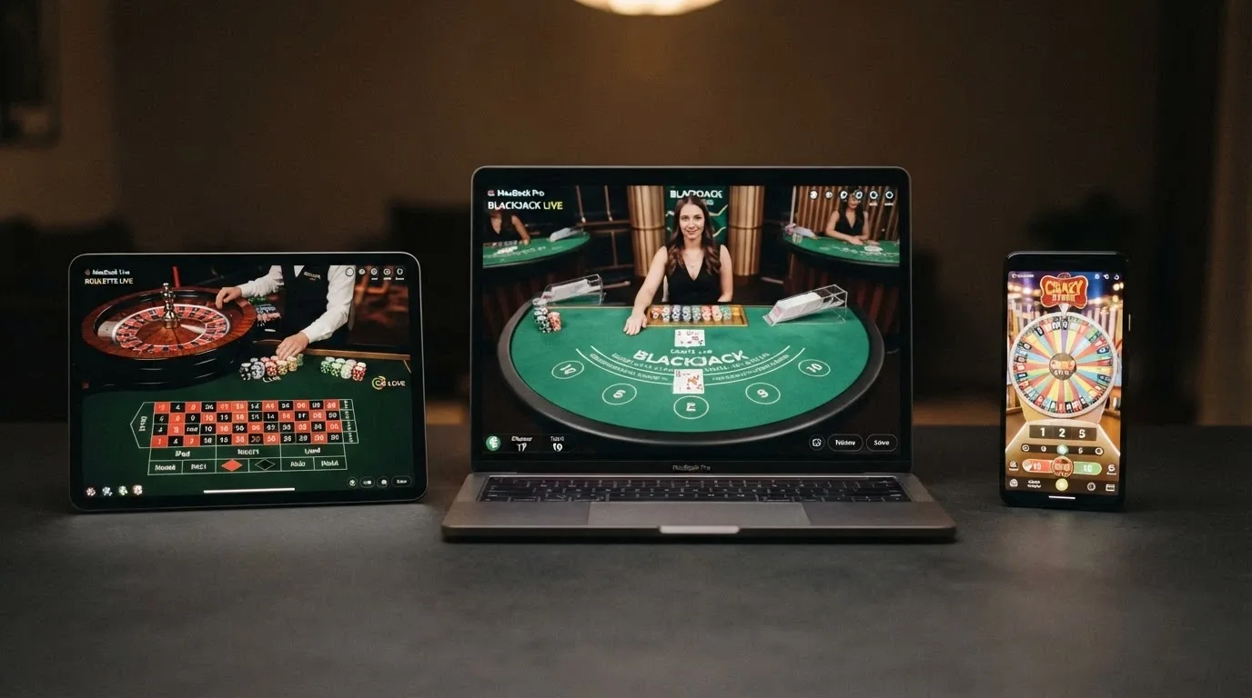 Koláž rozhraní několika českých live casin — ruleta, blackjack a game show na obrazovkách vedle sebe