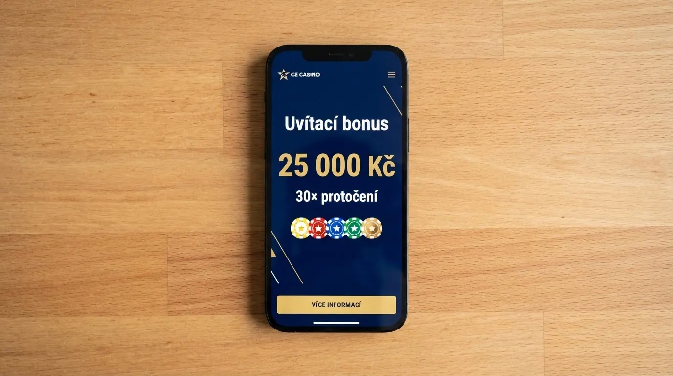 Uvítací bonusová nabídka na obrazovce českého online casina — zvýrazněná částka a podmínky