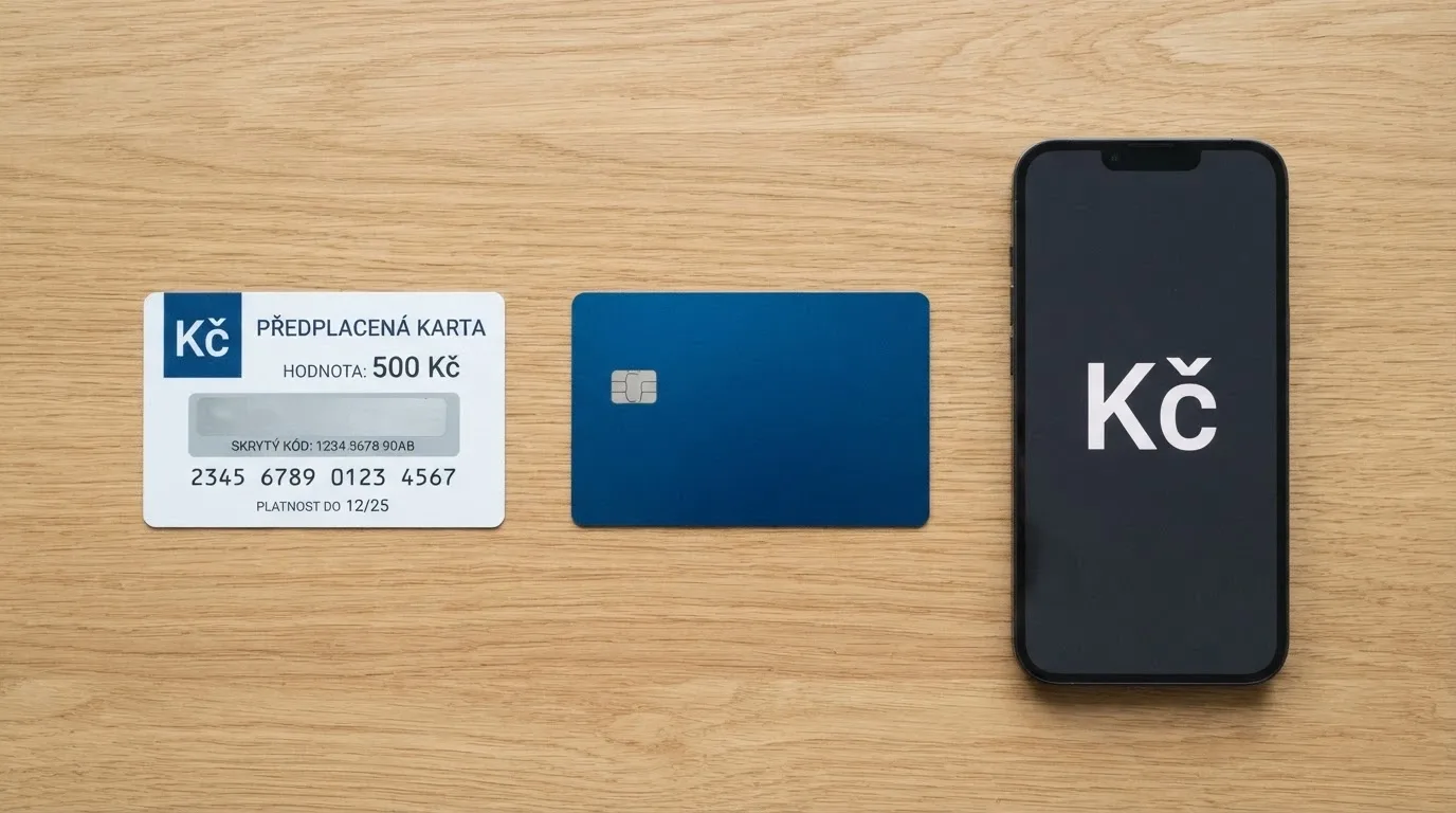 Paysafecard voucher s vyškrábaným kódem, platební karta a iPhone s Apple Pay na jednom stole — tři způsoby, jak poslat 100 Kč do casina