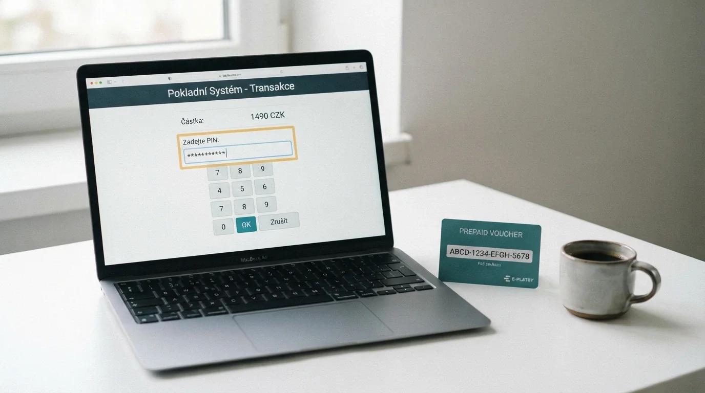 Obrazovka počítače s pokladnou online kasina, pole pro zadání PIN kódu, vedle položený paysafecard kupón