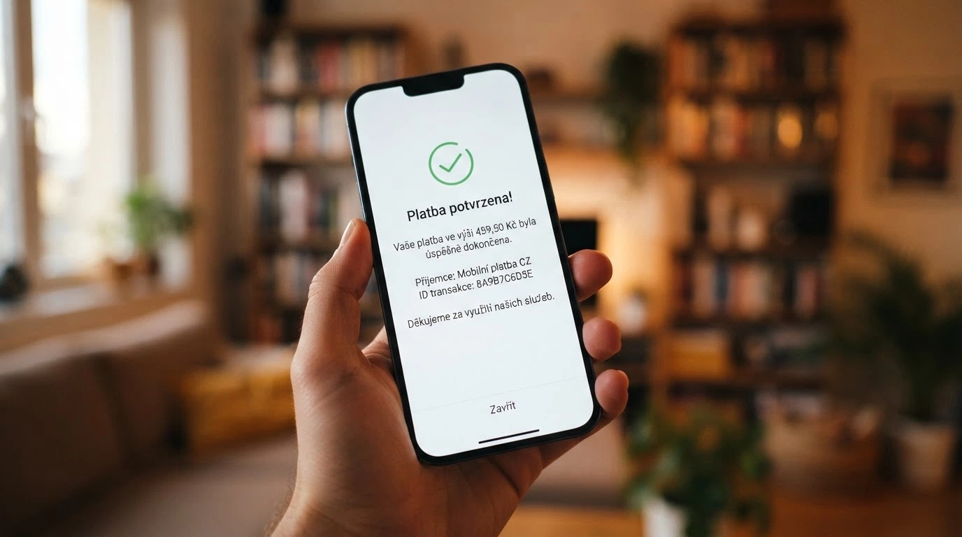 Mobilní telefon zobrazující potvrzení SMS platby s logem operátora na displeji