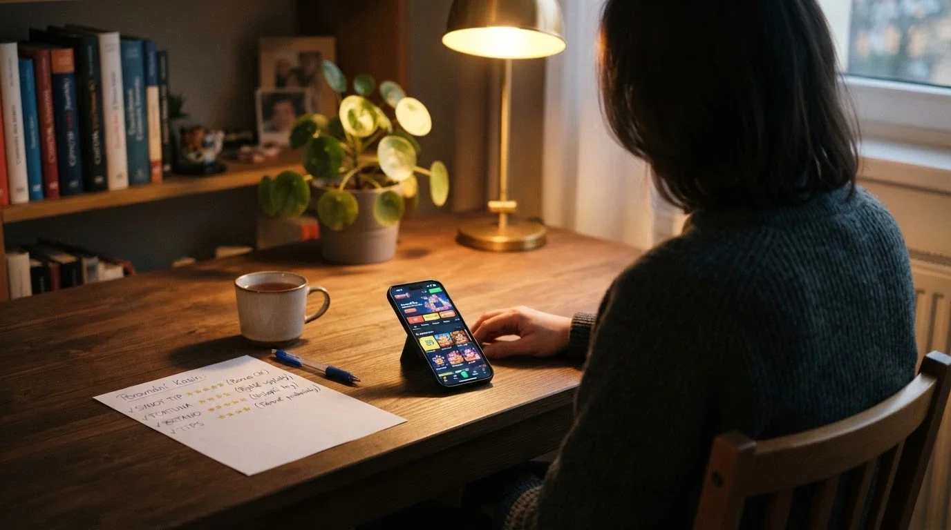 Hráč u stolu s mobilem v ruce, před ním srovnávací tabulka na papíře
